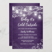 紫の赤ちゃんシャワーベビー冬の外は寒い 招待状 (正面/裏面)
