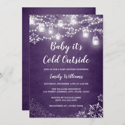 紫の赤ちゃんシャワーベビー冬の外は寒い 招待状 (正面/裏面)