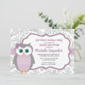 紫の赤ちゃんシャワー誘い女の子ウッドフクロウ 招待状 (スタンド正面)