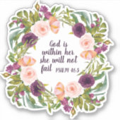 紫の赤面ピンクのフローラバイブル聖句の神は内にいる シール (正面)