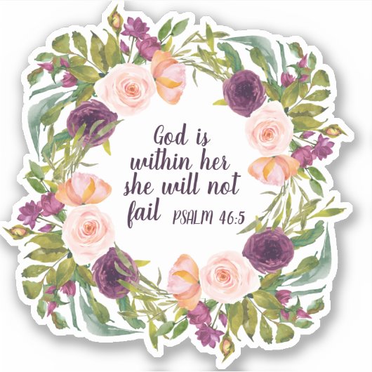 紫の赤面ピンクのフローラバイブル聖句の神は内にいる シール (正面)