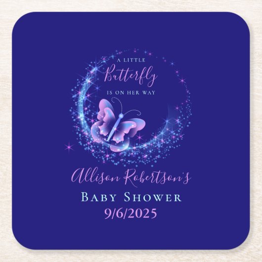 紫の輝く蝶の女の子の赤ちゃんシャワー スクエアペーパーコースター (正面)
