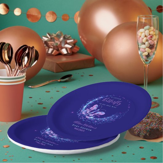 紫の輝く蝶の女の子の赤ちゃんシャワー ペーパープレート (複数)