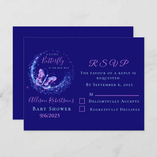 紫の輝く蝶の女の子の赤ちゃんシャワー 出欠カード (正面/裏面)