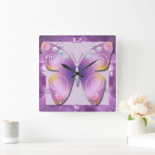 紫の輝く蝶の時計 スクエア壁時計 (ホーム)