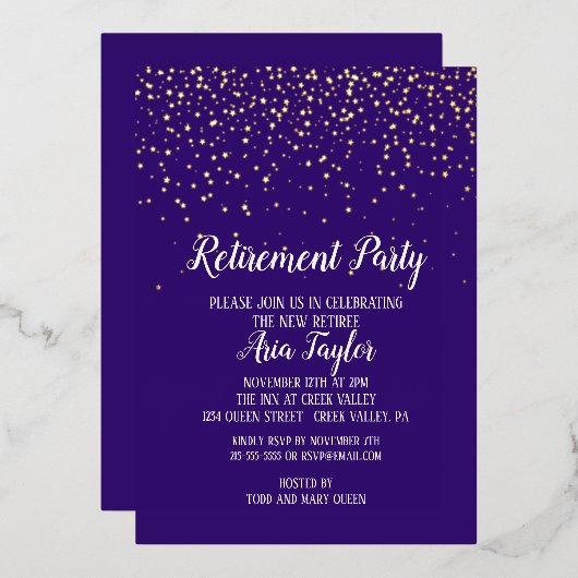 紫の退職金ゴールド紙吹雪金ゴールド 箔招待状 (正面/裏面)
