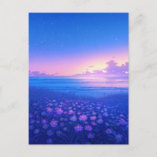 紫の野の花の草原と星空の海 ポストカード (正面)