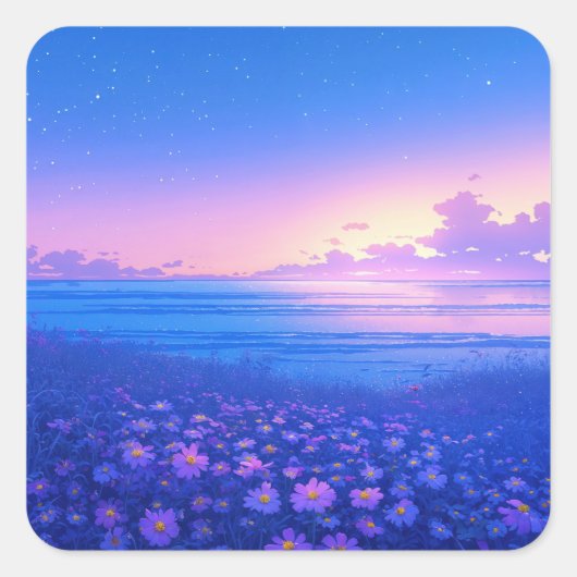 紫の野の花の草原に広がる星空 スクエアシール (正面)