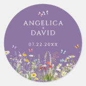 紫の野草蝶のシ結婚ステッカー ラウンドシール (正面)