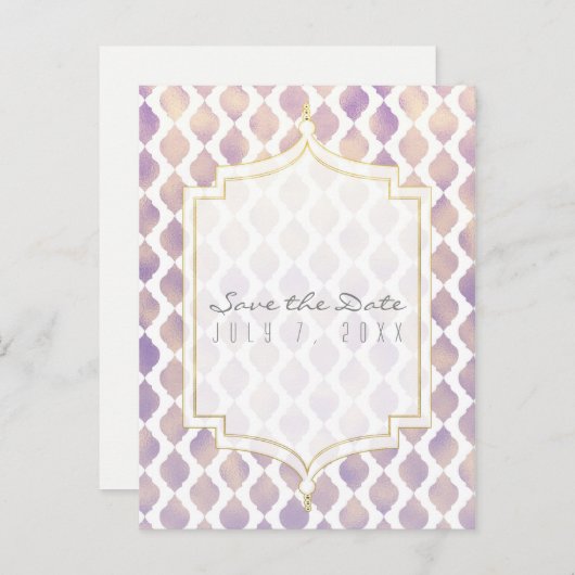 紫の金ゴールドと白のモロッコの結婚式の日付を保存 案内ポストカード (正面/裏面)