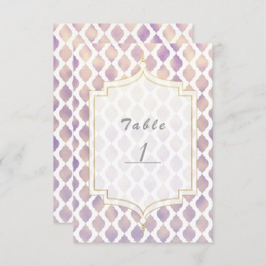 紫の金ゴールドと白のモロッコモダンテーブル番号 招待状 (正面/裏面)
