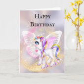 紫の金ゴールドのユニコーンの女の子の誕生日 カード (黄色い花)