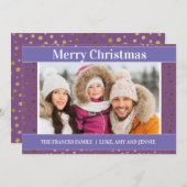 紫の金ゴールドの雪の結晶フォトクリスマスカード シーズンカード (正面/裏面)