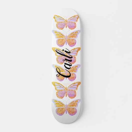 紫の金ゴールドキラキラの蝶パーソナライズされた スケートボード (正面)