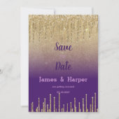 紫の金ゴールドグラデーショングリッタードリップスクリップ日付を保存 招待状 (正面)