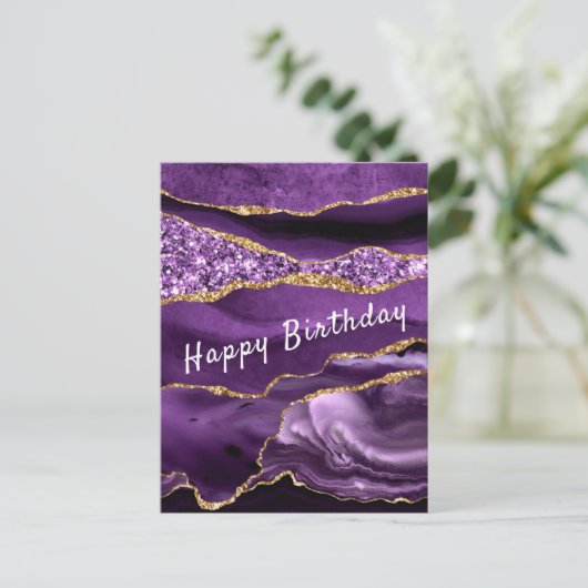 紫の金ゴールドグリッター誕生日カード – ユーザーのテキスト名 ポストカード (スタンド正面)