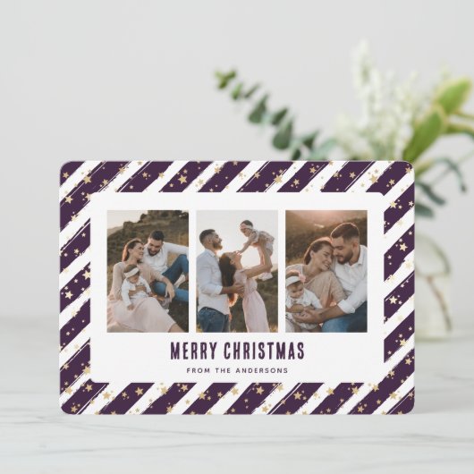 紫の金ゴールドスター3フォトメリークリスマスカード シーズンカード (スタンド正面)