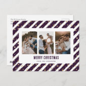 紫の金ゴールドスター3フォトメリークリスマス シーズンポストカード (正面/裏面)