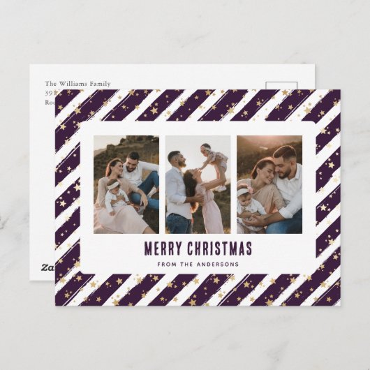 紫の金ゴールドスター3フォトメリークリスマス シーズンポストカード (正面/裏面)