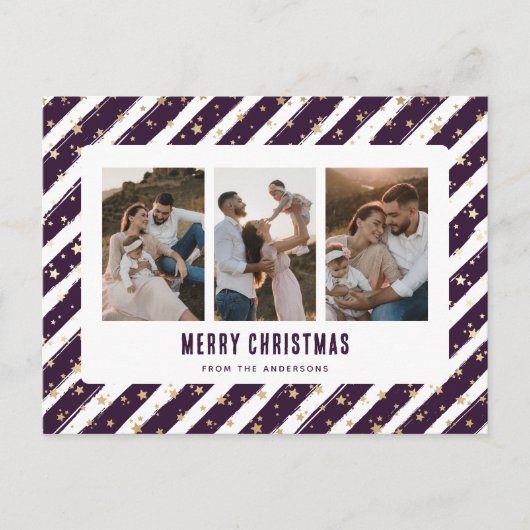 紫の金ゴールドスター3フォトメリークリスマス シーズンポストカード (正面)