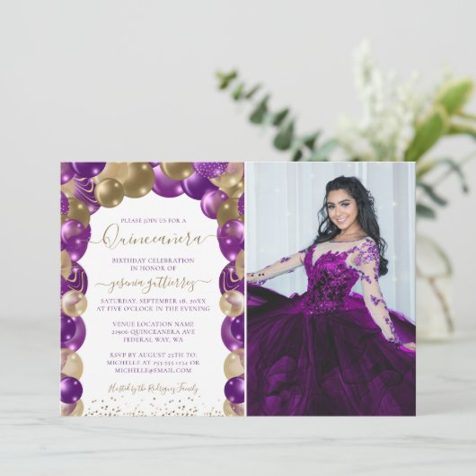 紫の金ゴールドスパークルフォトキンセアニラバルーン 招待状 (スタンド正面)