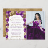 紫の金ゴールドスパークルフォトキンセアニラバルーン 招待状 (正面/裏面)