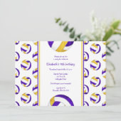 紫の金ゴールドスポーツガールズバレーボール誕生日パーティー 招待状 (スタンド正面)