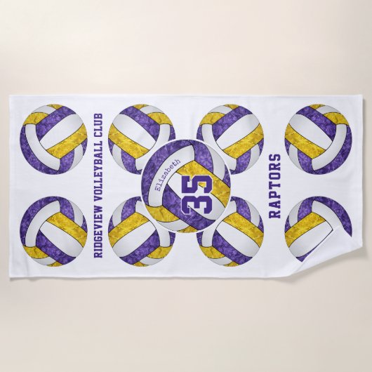 紫の金ゴールドチームカラーガーリーバレーボールパターン ビーチタオル (正面)