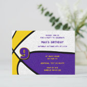 紫の金ゴールドチームカラーバスケットボール誕生日 招待状 (スタンド正面)