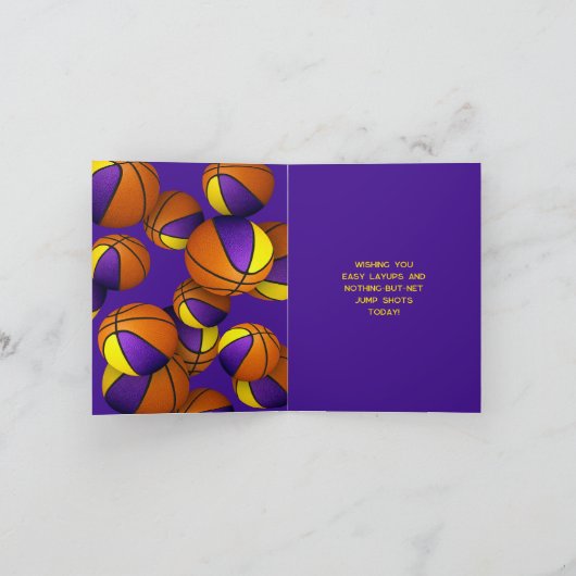 紫の金ゴールドチームカラーバスケット子供の誕生日 カード (内部)