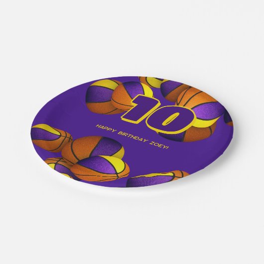 紫の金ゴールドバスケットボール男の子の女の子スポーツパーティー ペーパープレート (アングル)