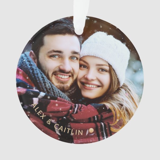 紫の金ゴールドパーソナライズされた初めてのクリスマス写真 オーナメント (正面)