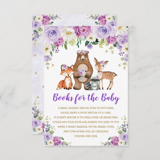 紫の金ゴールドフローラウッドランド動物の本ベビー エンクロージャーカード (正面/裏面)