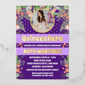 紫の金ゴールドフローラキンセアニェラパーティー写真 箔招待状 (正面)