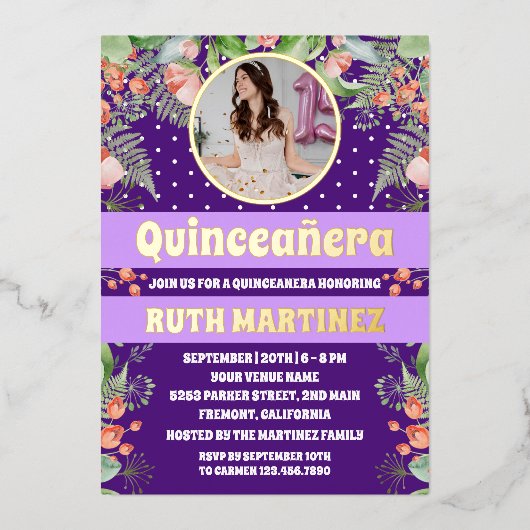 紫の金ゴールドフローラキンセアニェラパーティー写真 箔招待状 (正面)