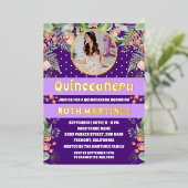 紫の金ゴールドフローラキンセアニェラパーティー写真 箔招待状 (立ち正面)