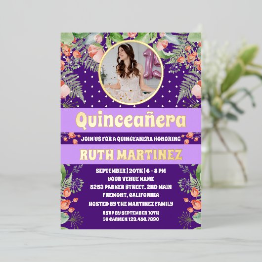 紫の金ゴールドフローラキンセアニェラパーティー写真 箔招待状 (立ち正面)