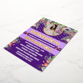 紫の金ゴールドフローラキンセアニェラパーティー写真 箔招待状 (回転した状態)