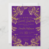紫の金ゴールドフローラフォトサプライズSweet 16 招待状 (正面)