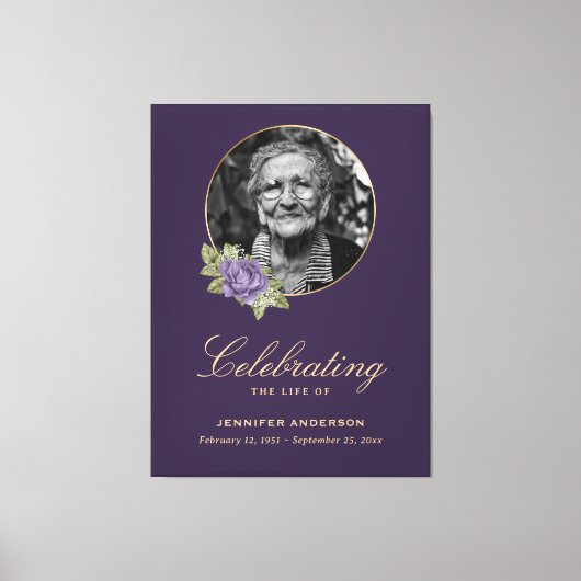 紫の金ゴールドフローラ写真葬式ウェルカムサイン キャンバスプリント (正面)