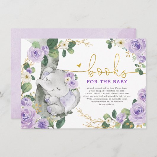 紫の金ゴールドフローラ象の書籍ベビーガール エンクロージャーカード (正面/裏面)