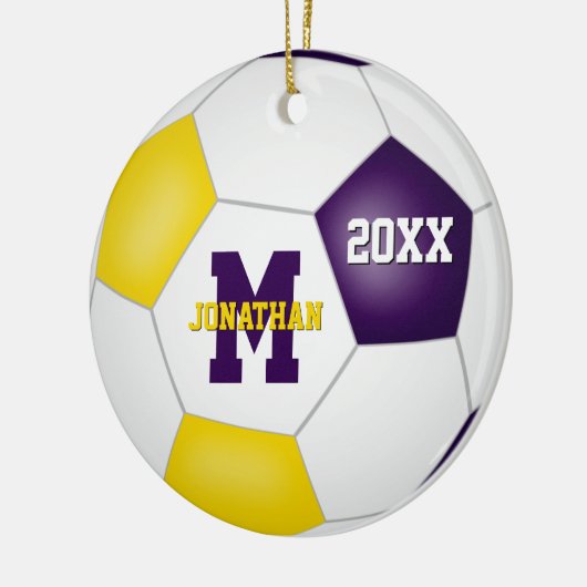 紫の金ゴールド彼は学校チームのカラーサッカー セラミックオーナメント (左)