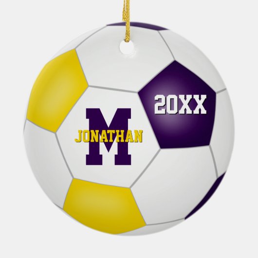紫の金ゴールド彼は学校チームのカラーサッカー セラミックオーナメント (裏面)