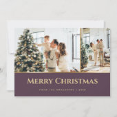 紫の金ゴールド星写真クリスマス シーズンカード (正面)