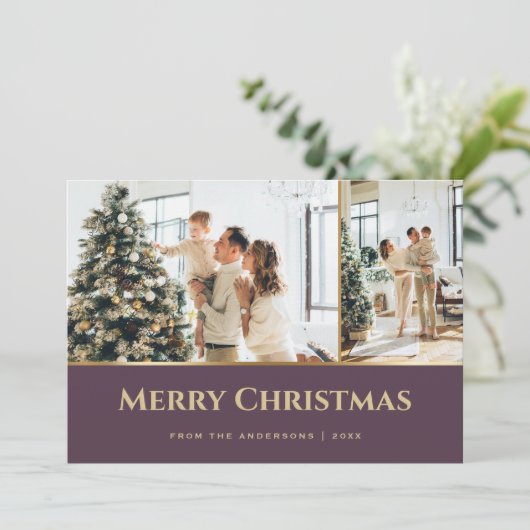 紫の金ゴールド星写真クリスマス シーズンカード (スタンド正面)