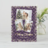 紫の金ゴールド格子模様の写真コラージメリークリスマス シーズンカード (スタンド正面)