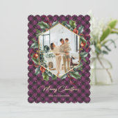 紫の金ゴールド格子模様ホリーフォトメリークリスマスカード シーズンカード (スタンド正面)