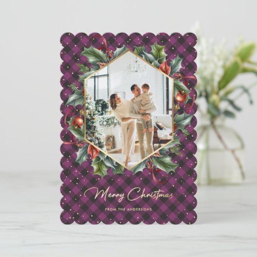 紫の金ゴールド格子模様ホリーフォトメリークリスマスカード シーズンカード (スタンド正面)