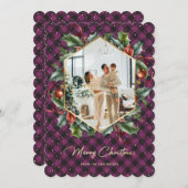 紫の金ゴールド格子模様ホリーフォトメリークリスマスカード シーズンカード (正面/裏面)