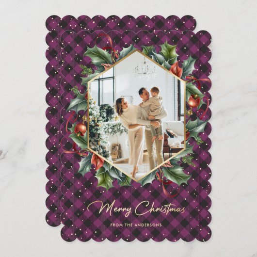 紫の金ゴールド格子模様ホリーフォトメリークリスマスカード シーズンカード (正面/裏面)